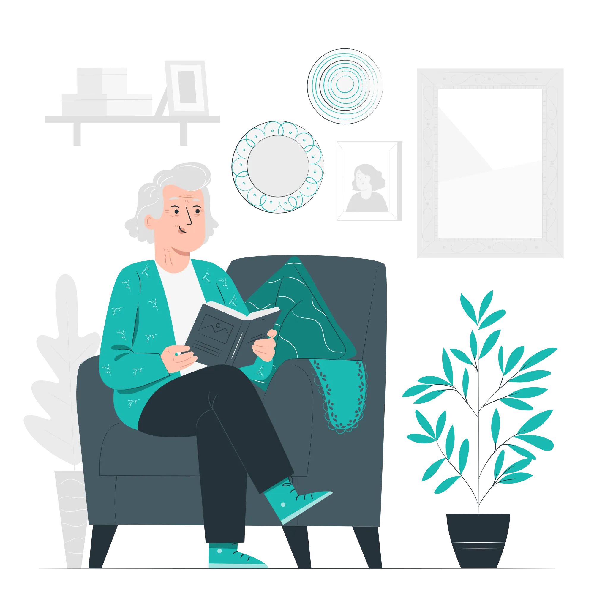 Cartoon of a woman sat in a chair at home happy and reading a book domiciliary care