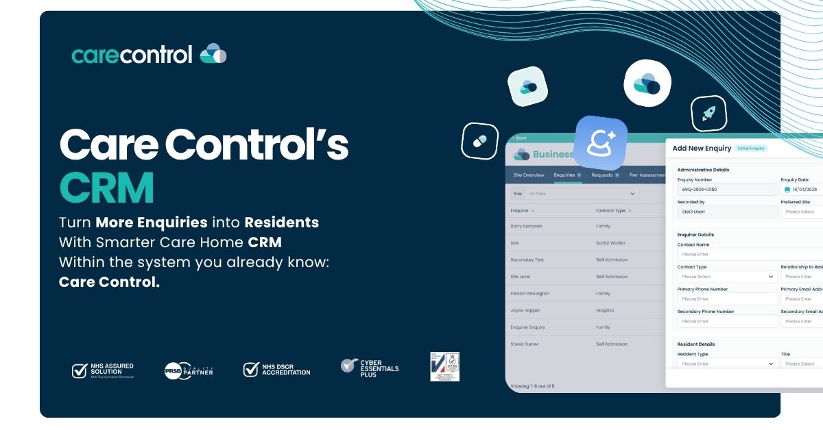 Care Control screen on the right hand side of image with Text describing Care Control's Care Home CRM