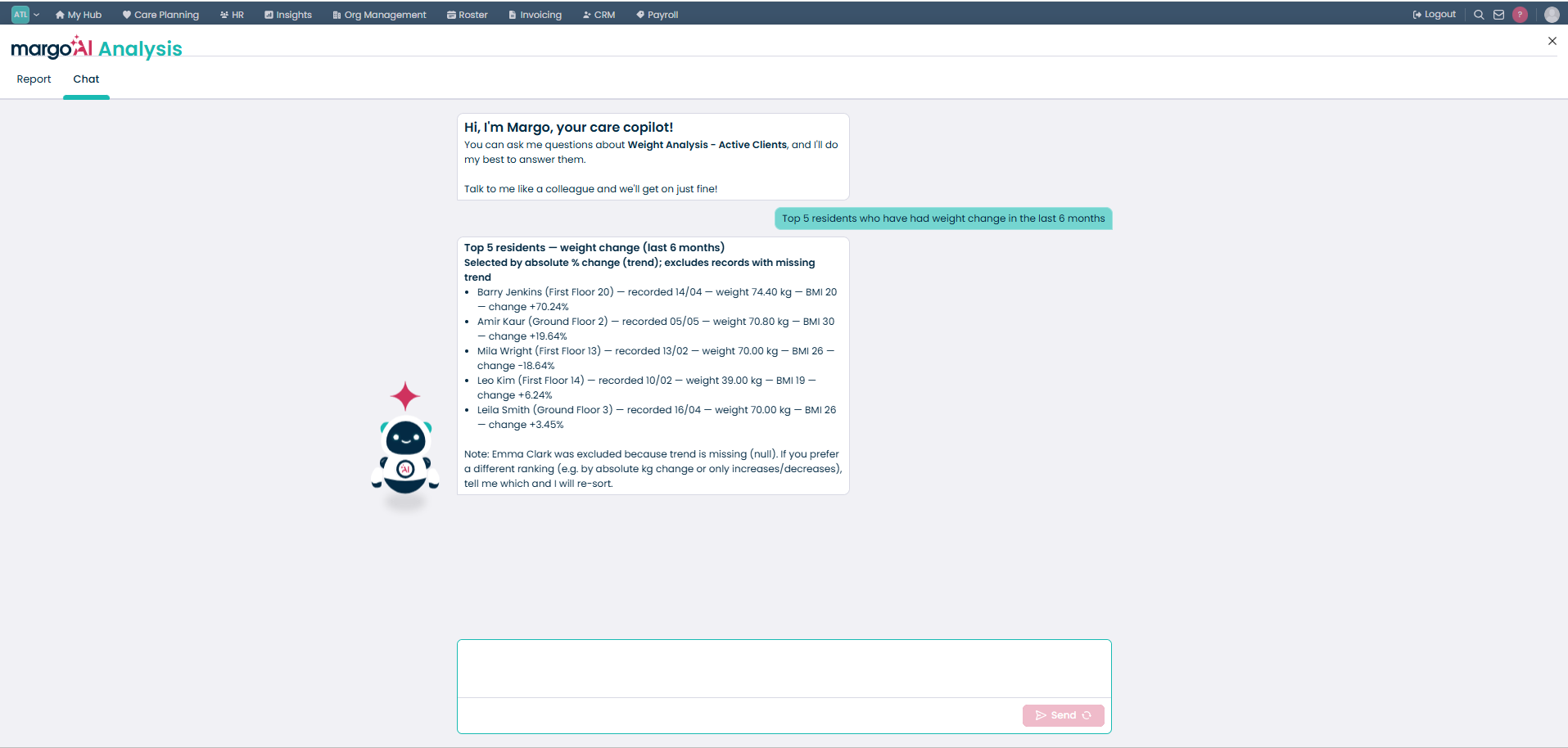 MargoAI reporting dashboard in Care Control